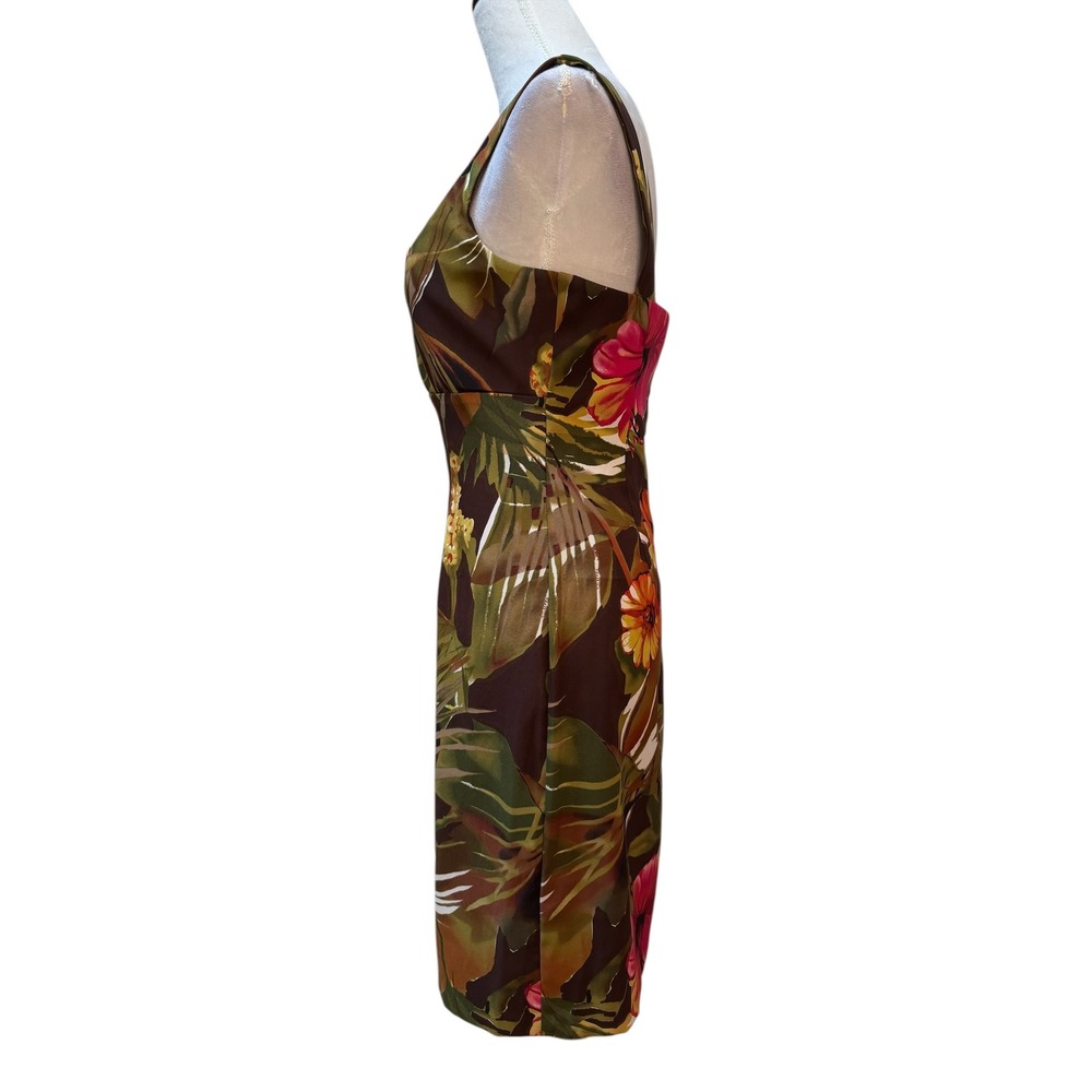 Connected Apparel Women Brown Pink Tropical Hibiscus Floral Sheath Dress 10 - Picture 2 of 7